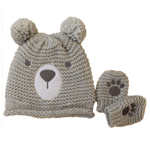 Children Baby Kids Knitted Bear Printing Embroidery Gloves Mitten Warm Beanie Hat (HW634S)